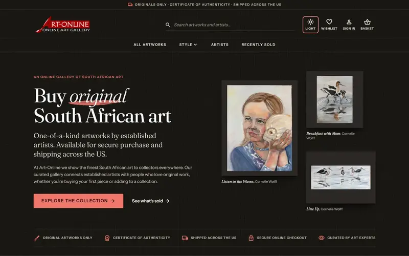 Screenshot of the Art-Online Gallery website, designed and built by Blue Pea Marketing