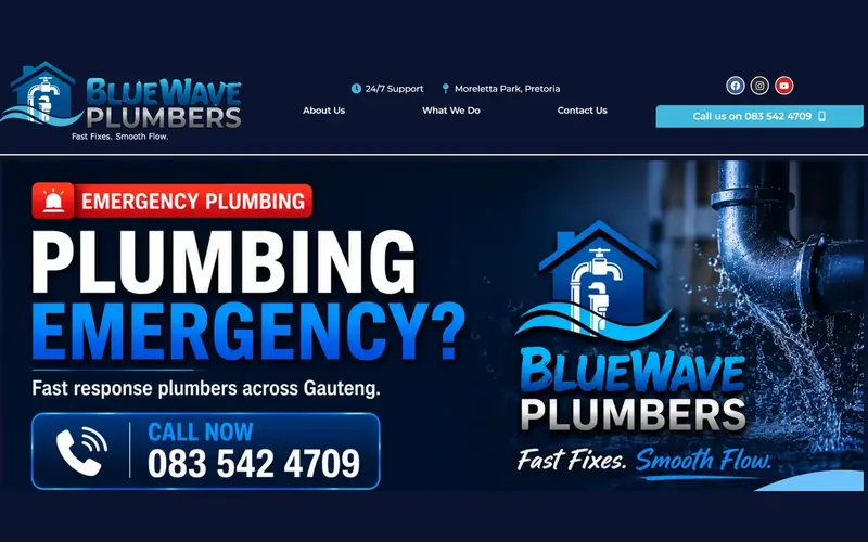 Screenshot of the BlueWave Plumbers website, designed and built by Blue Pea Marketing