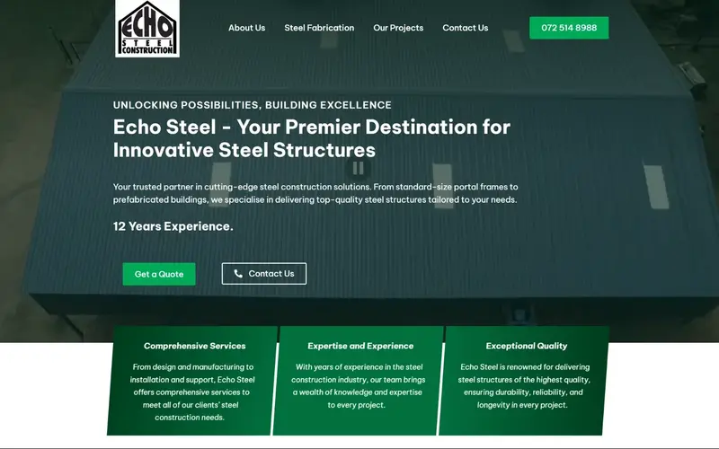 Screenshot of the Echo Steel website, designed and built by Blue Pea Marketing