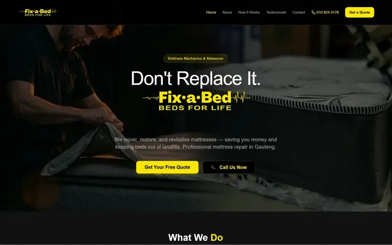 Screenshot of the Fix-a-Bed website, designed and built by Blue Pea Marketing